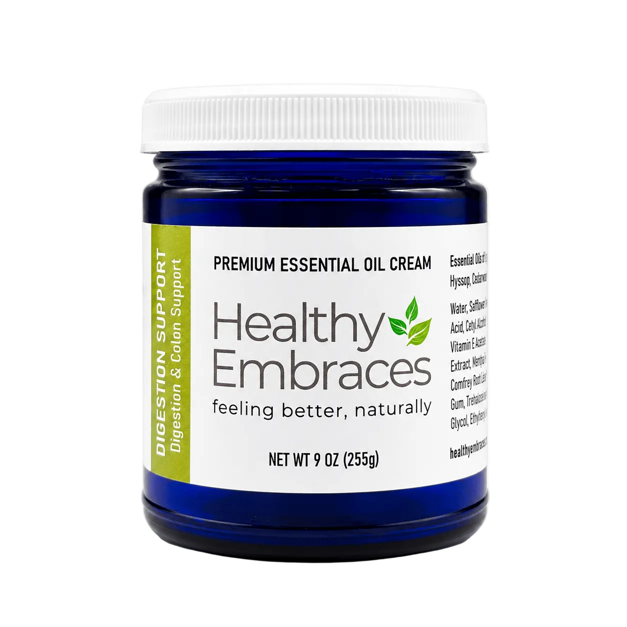 Healthy Embraces digestion support cream in a jar, featuring a smooth, creamy texture for digestive health.