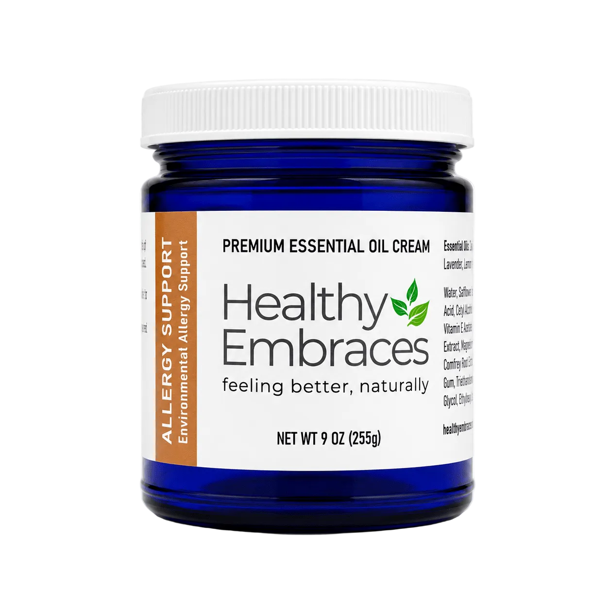 Healthy Embraces seasonal allergy support cream jar with essential oils for allergy relief.