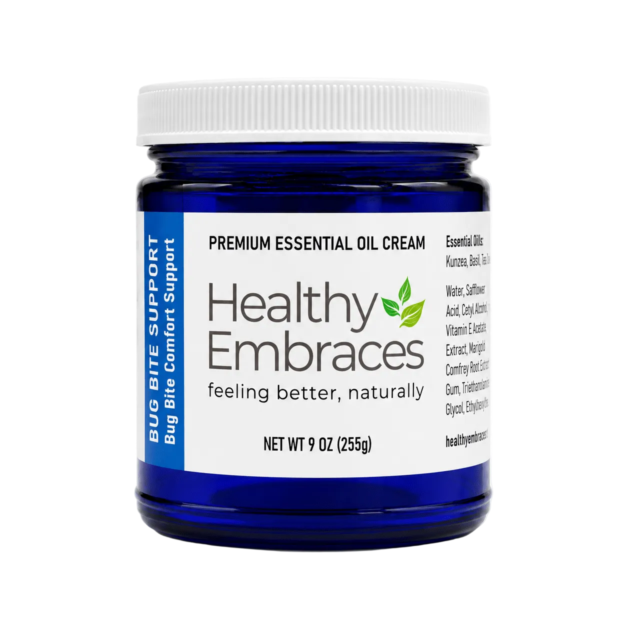 Healthy Embraces soothing cream for insect bites in a blue jar, offering bug bite comfort and essential oil support.
