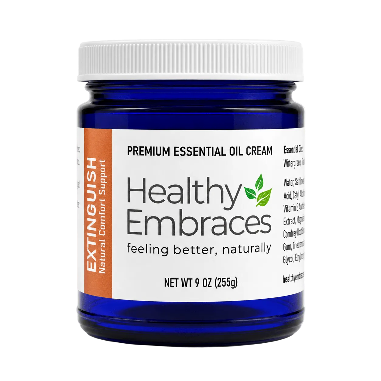 Healthy Embraces Extinguish Cream in a 4oz jar, a natural cooling cream for soothing comfort and skin relief.
