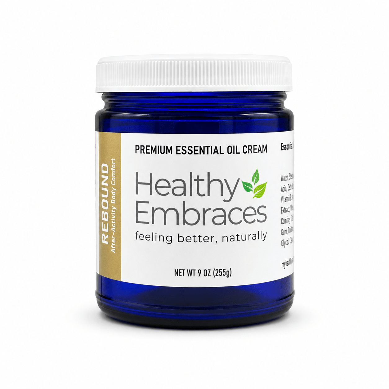 Healthy Embraces Rebound Cream in a 4oz jar, creamy texture for skin care, with a clean, natural appearance.