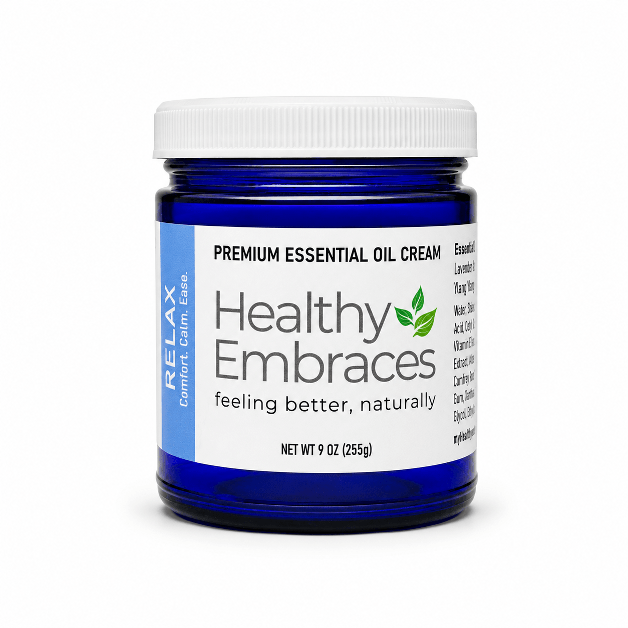 Relax Cream by Healthy, premium essential oil cream in blue jar for natural relaxation and soothing effect.