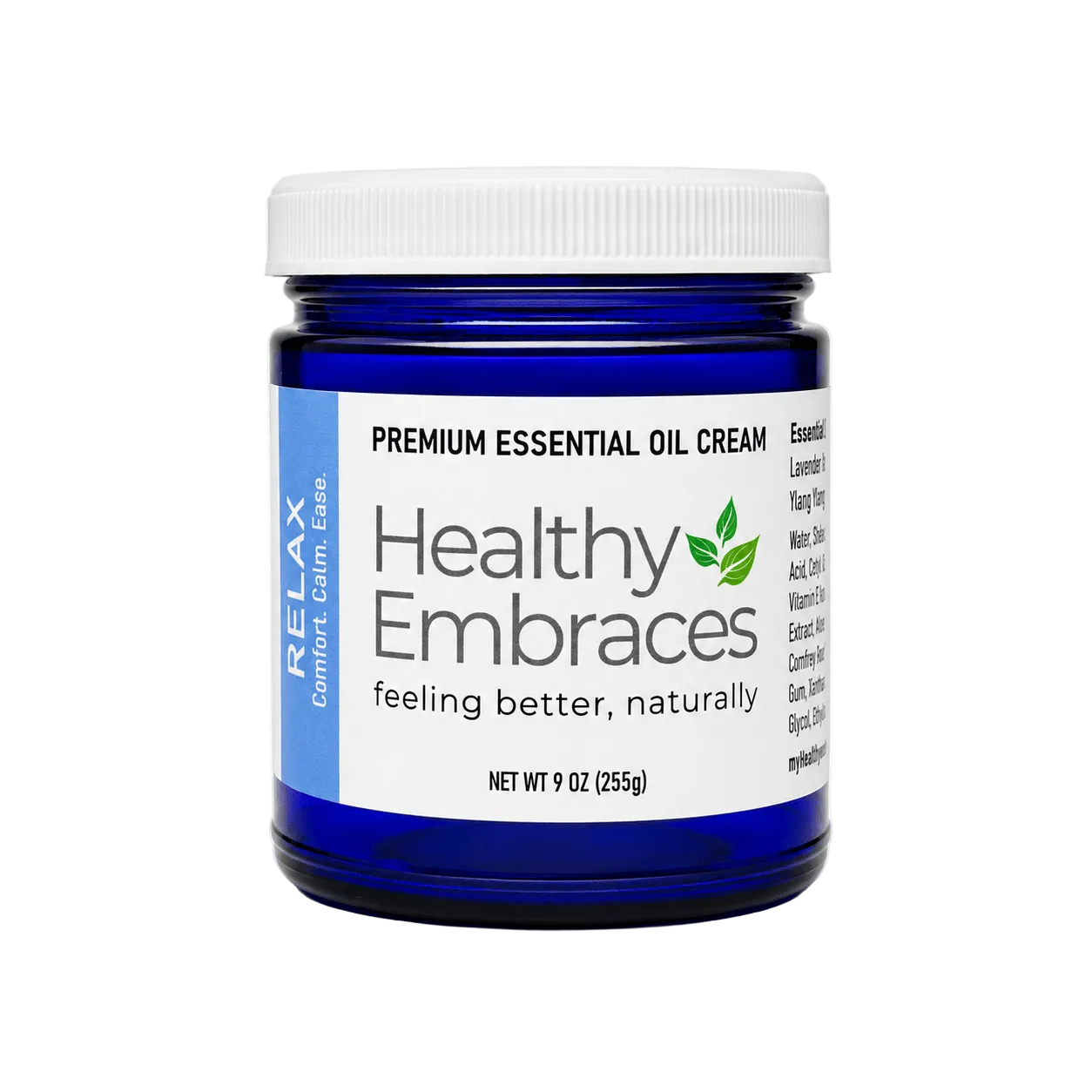 Healthy Embraces Relax Cream in a 4oz jar, smooth cream with calming ingredients for relaxation and skin nourishment.