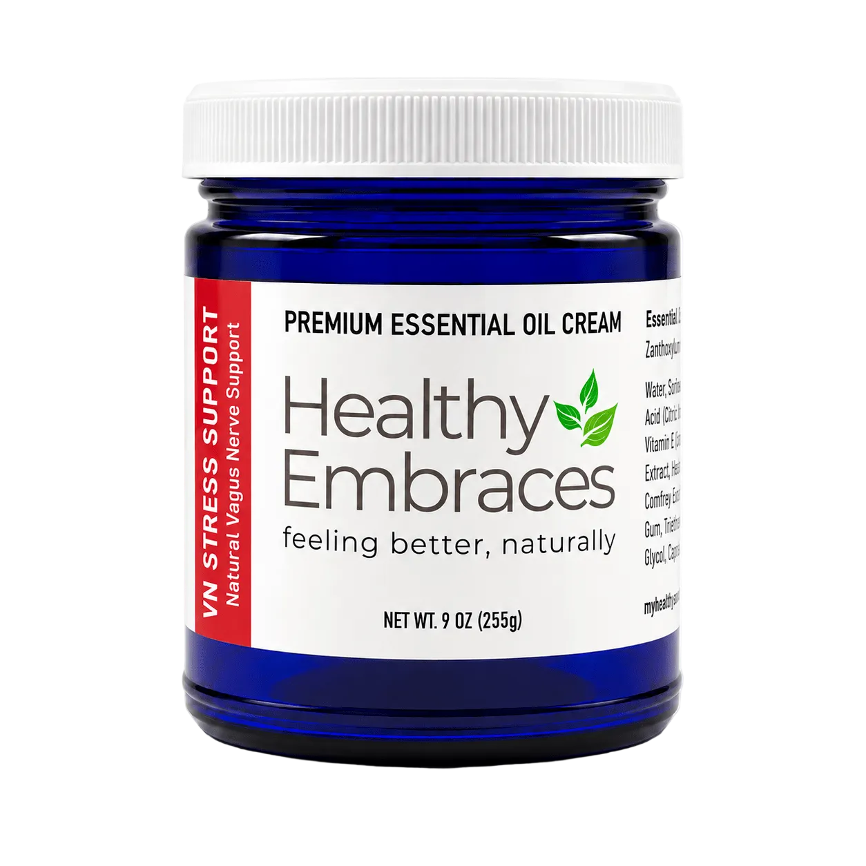 VN stress relief cream in a blue jar by Healthy Embraces for natural vagus nerve support.