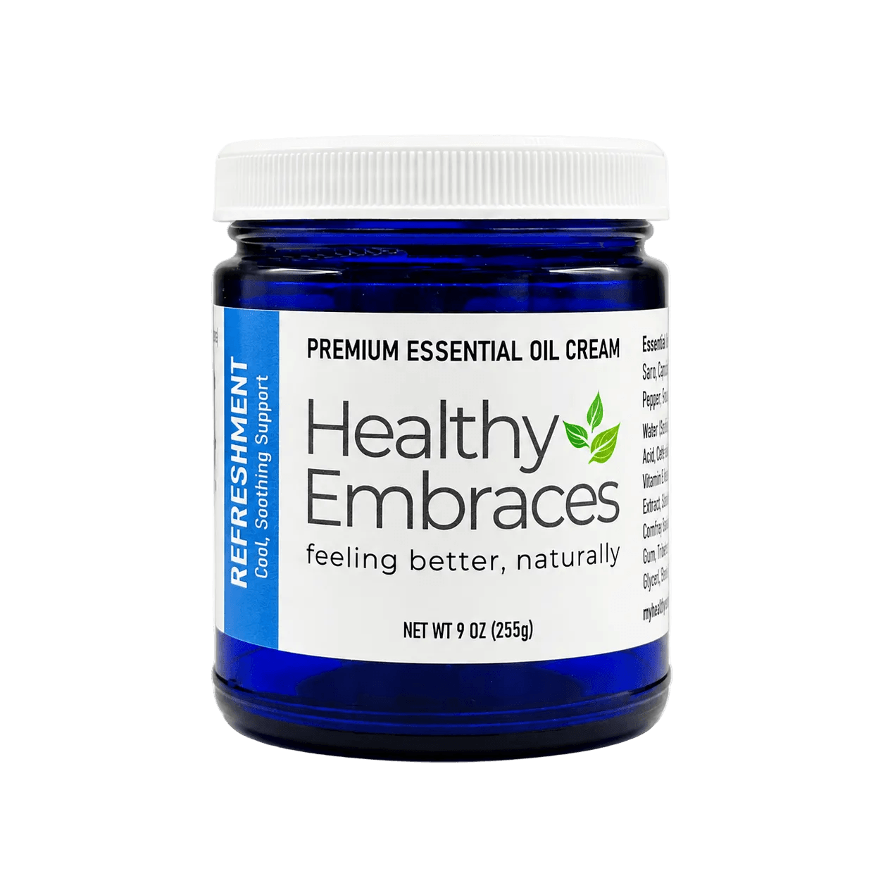 Refreshment Cream - Cooling Comfort for the skin by Healthy Embraces in a blue jar, promoting soothing support for tired areas.