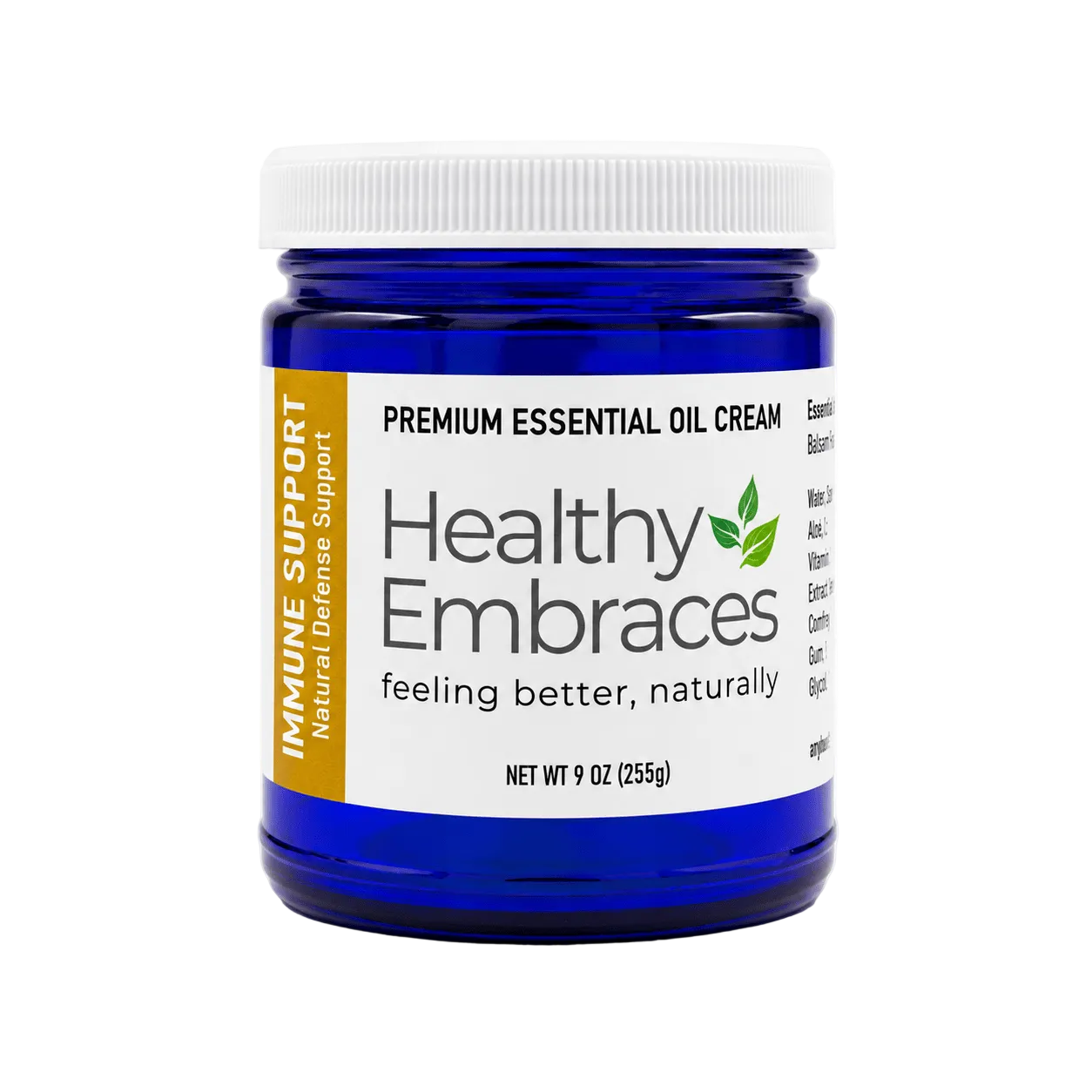 Healthy Embraces Immune Essential Oil Support Cream in a jar, showcasing a soothing skincare cream for immune health.