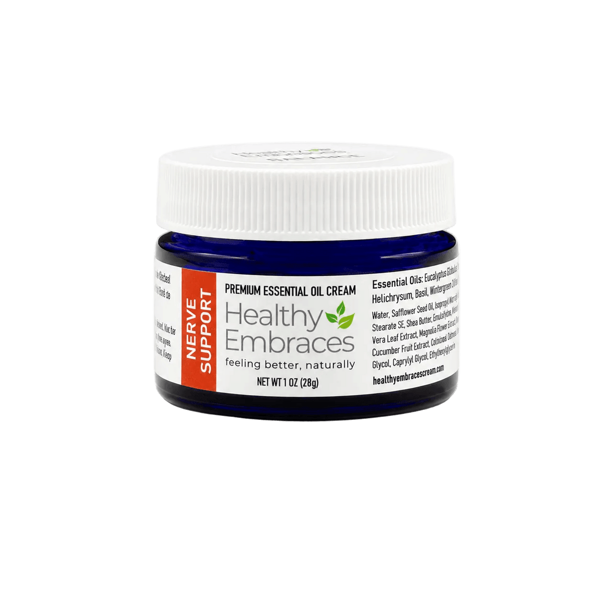 Healthy Embraces Nerve Support Cream in 1oz with essential oils, designed for targeted comfort in sensitive areas.