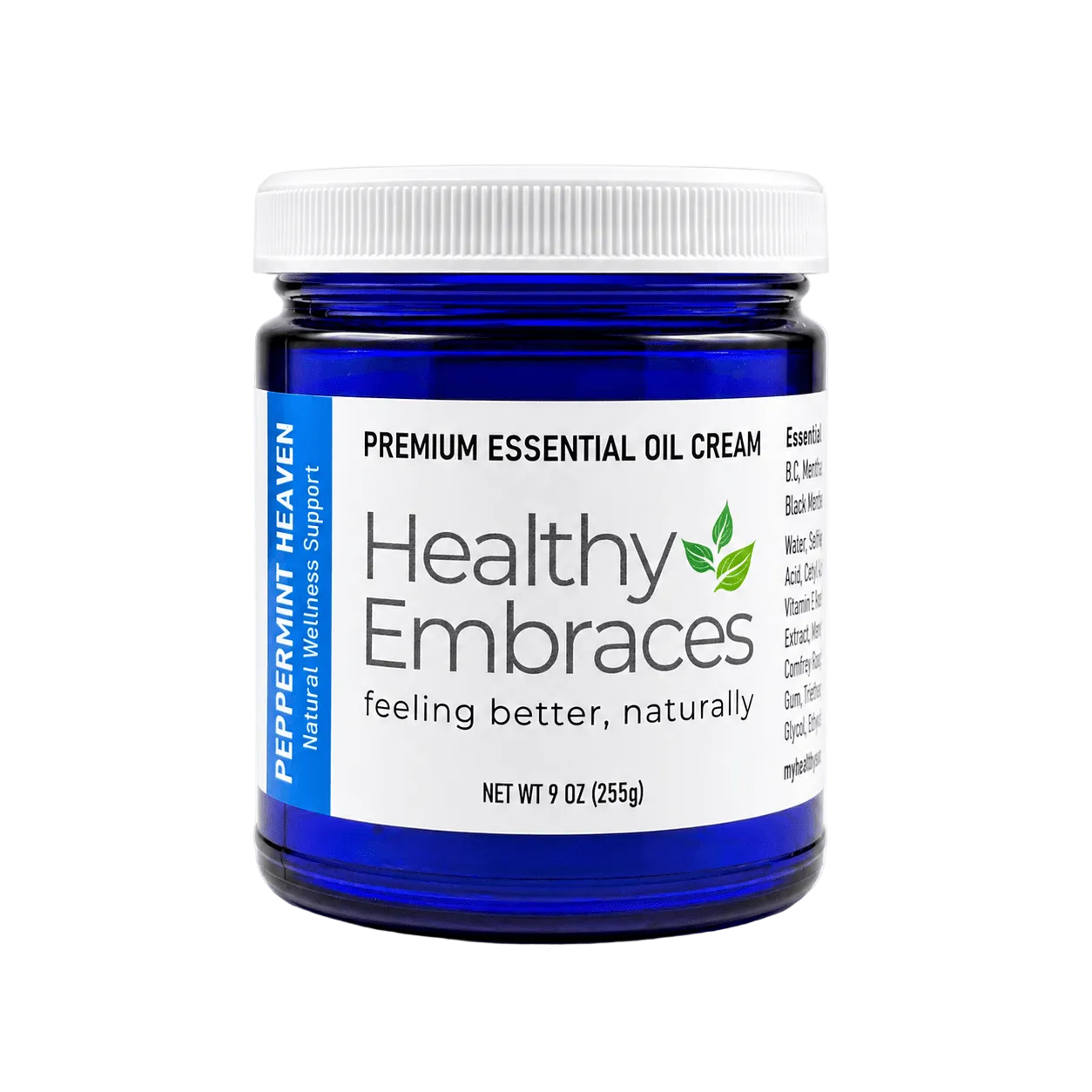 Peppermint cream for digestive comfort in a blue jar by Healthy Embraces, promoting wellness and relief.