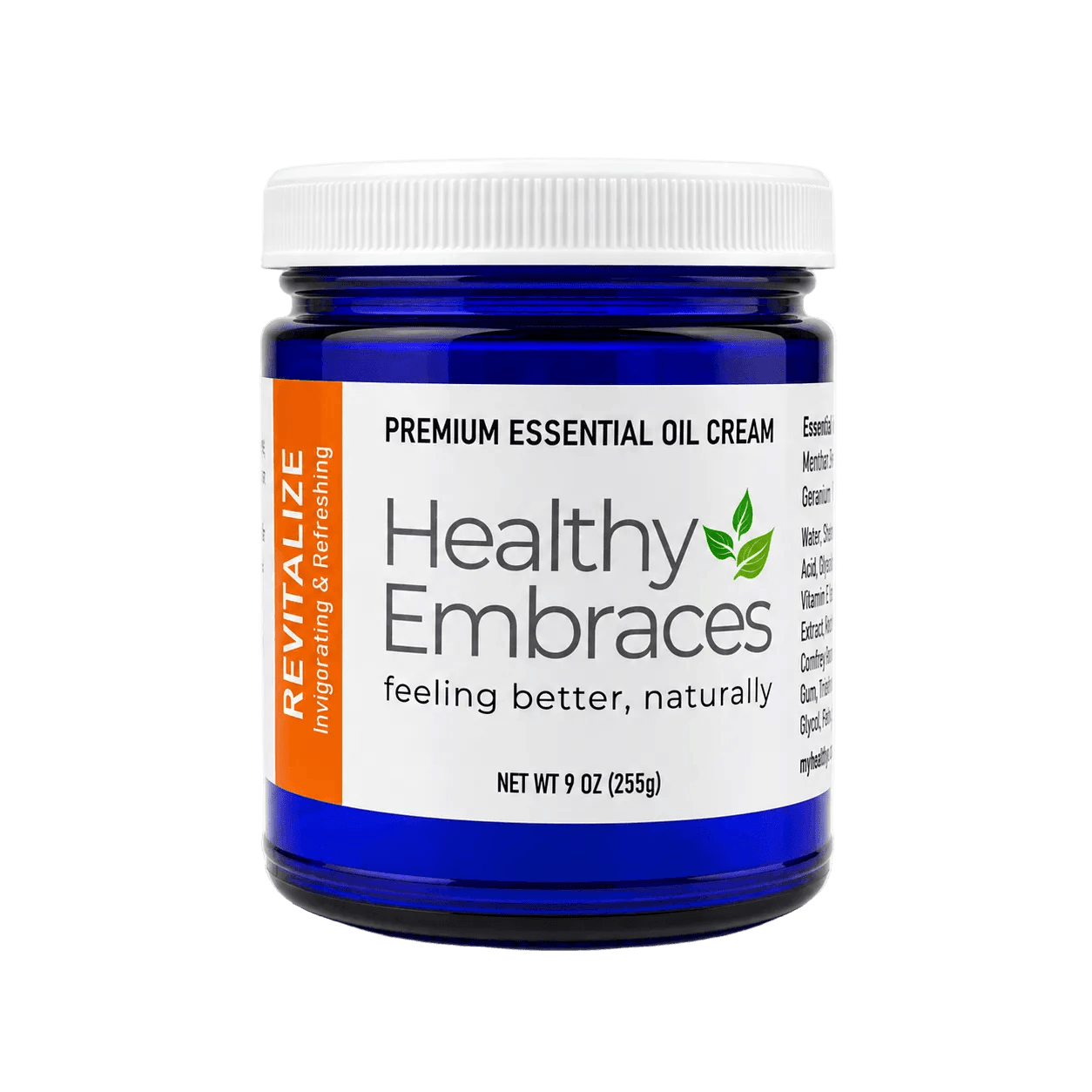 Healthy Embraces Revitalize Essential Oil Recovery Cream in 255g jar, designed for active lifestyles, with a refreshing, renewal formula.