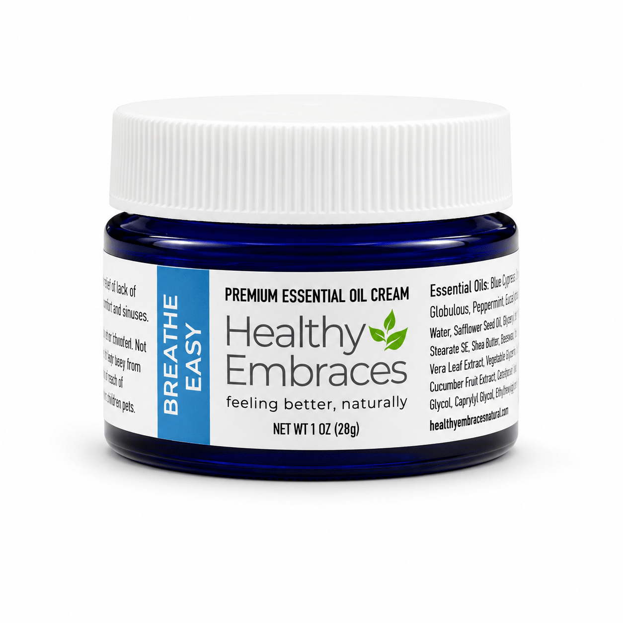 Healthy Embraces Breathe Easy Cream in a white jar with a green label, showing the product lid and branding.