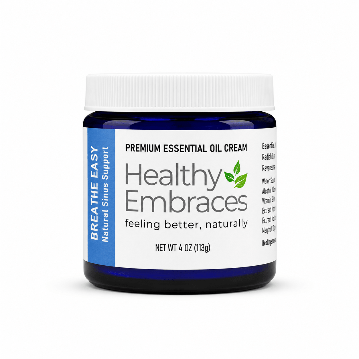 Healthy Embraces Breathe Easy Cream jar showing the creamy texture and label on a white background.