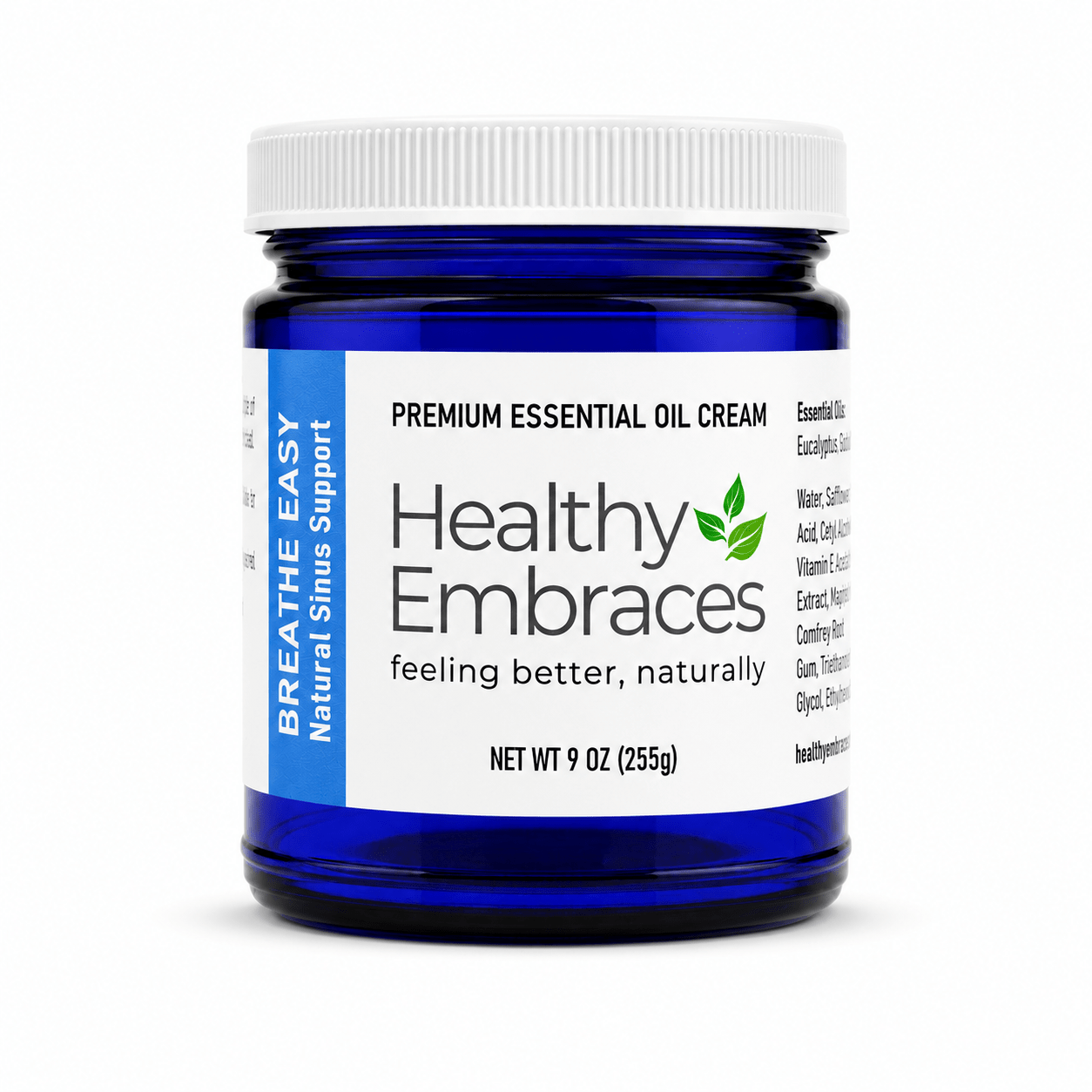 Healthy Embraces Breathe Easy Cream container showing the cream's smooth texture and label on a neutral background.