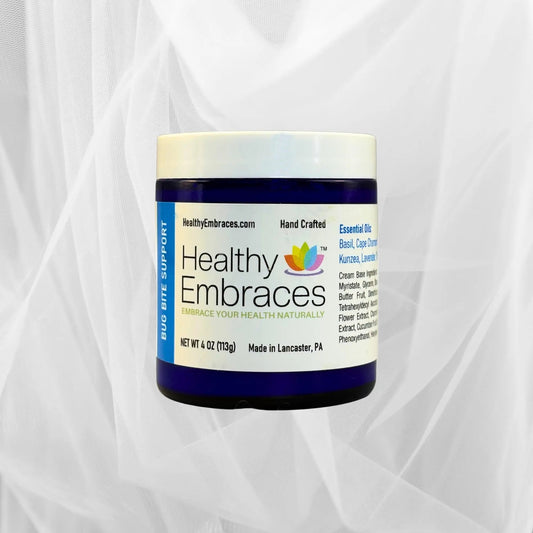 Healthy Embraces bug bite support cream tube showing the soothing cream for insect bites and skin relief.