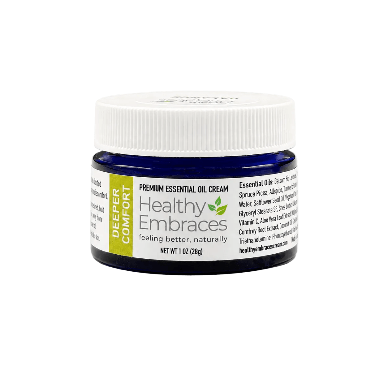 Healthy Embraces Deeper Comfort Cream in a 4oz jar, smooth cream texture for skin soothing and hydration