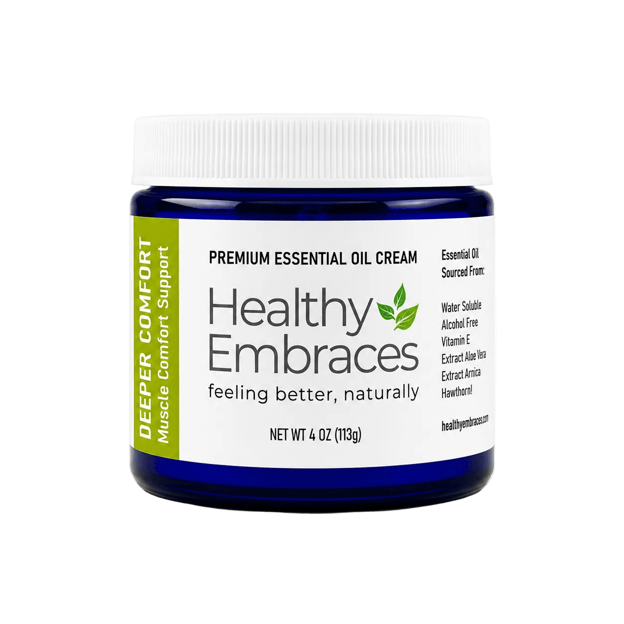 Healthy Embraces Deeper Comfort Cream in a 4oz jar, smooth cream with a soothing texture for skin comfort.