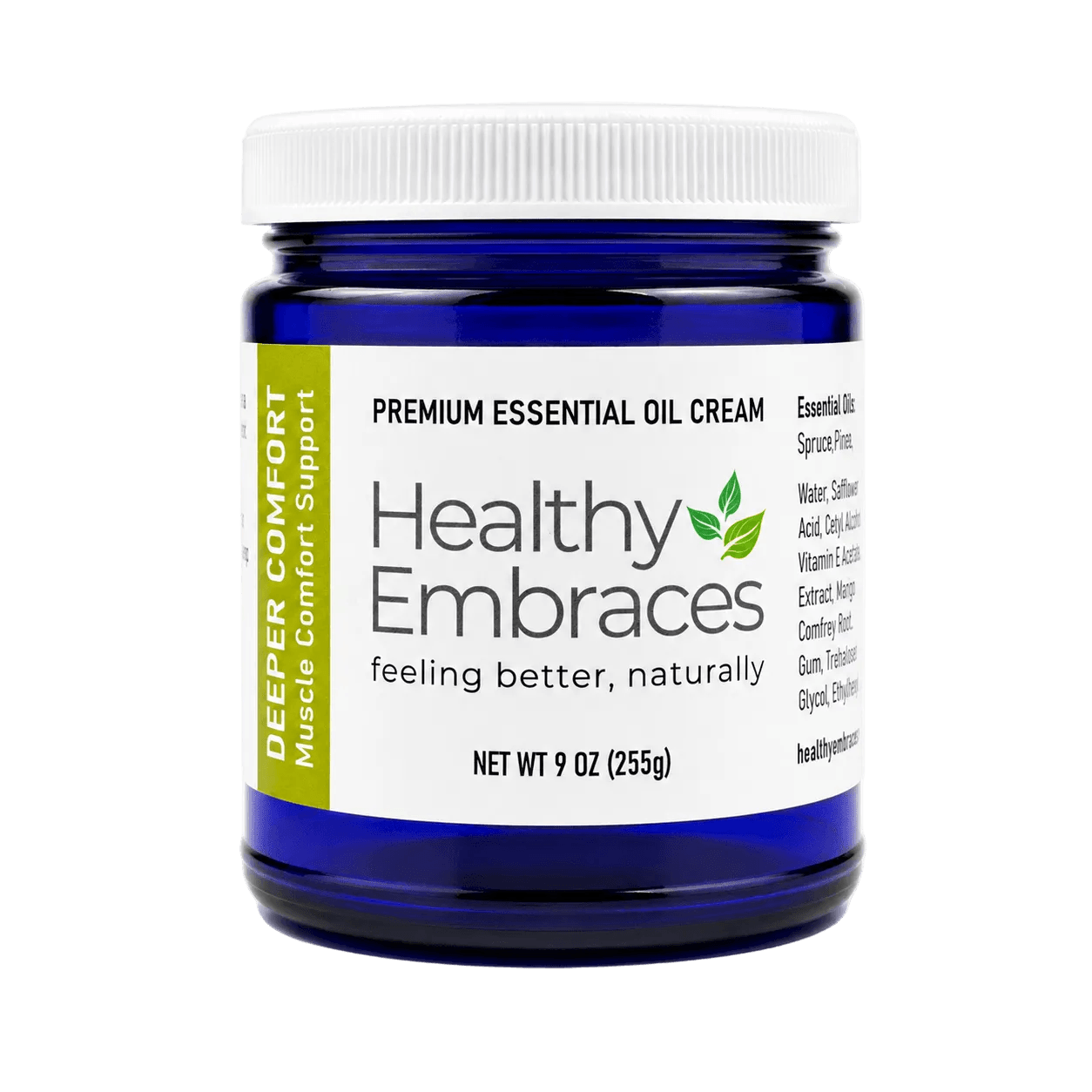 Healthy Embraces Deeper Comfort Cream with essential oils for muscle support and natural relief, shown in a sleek cream jar.