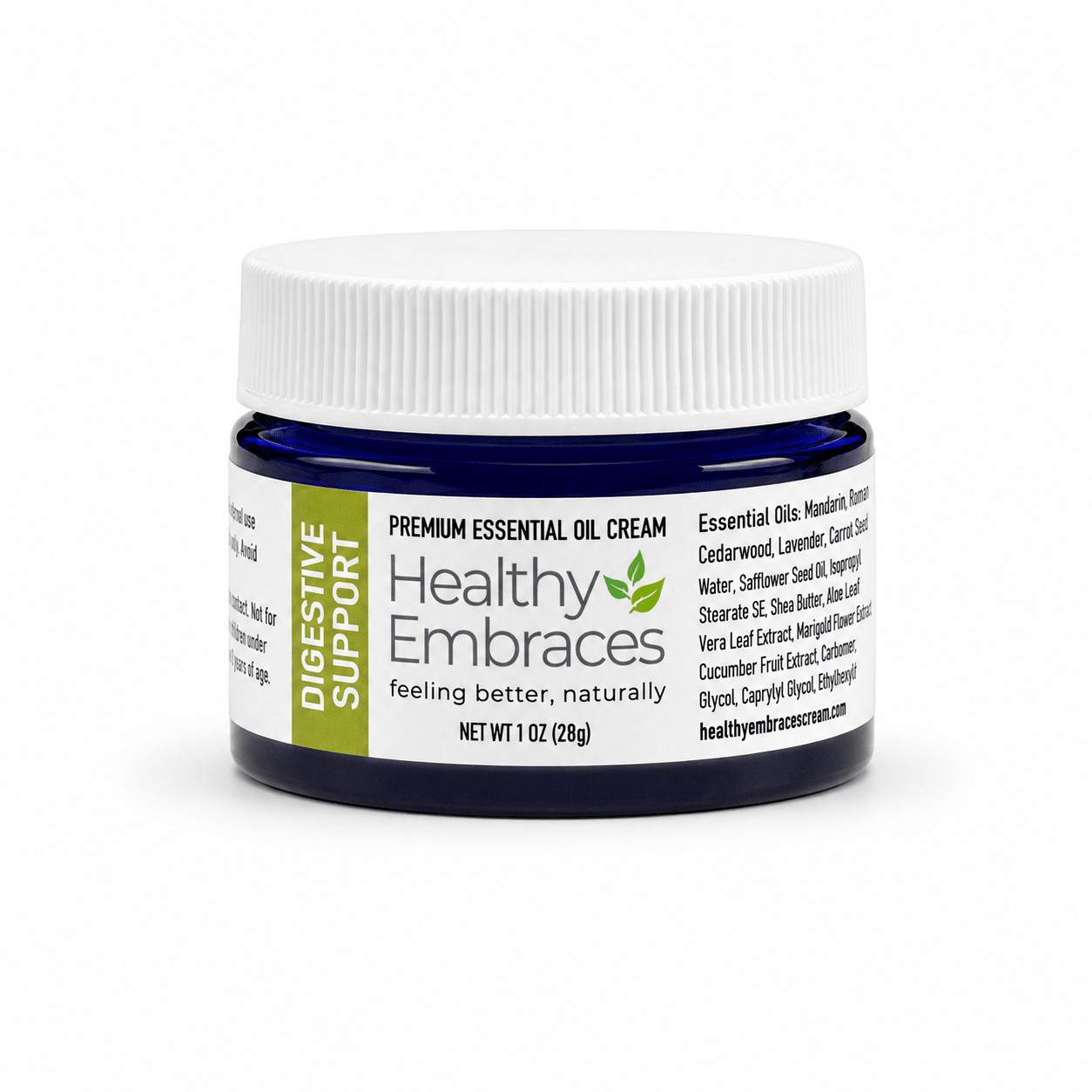 Healthy Embraces digestion support cream jar showing the creamy texture and label for digestive health relief.