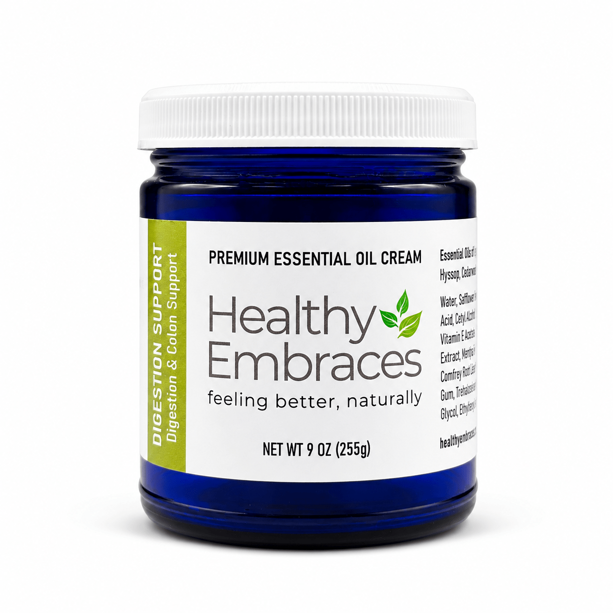 Healthy Embraces digestion support cream in a jar, featuring a smooth, creamy texture for digestive health.