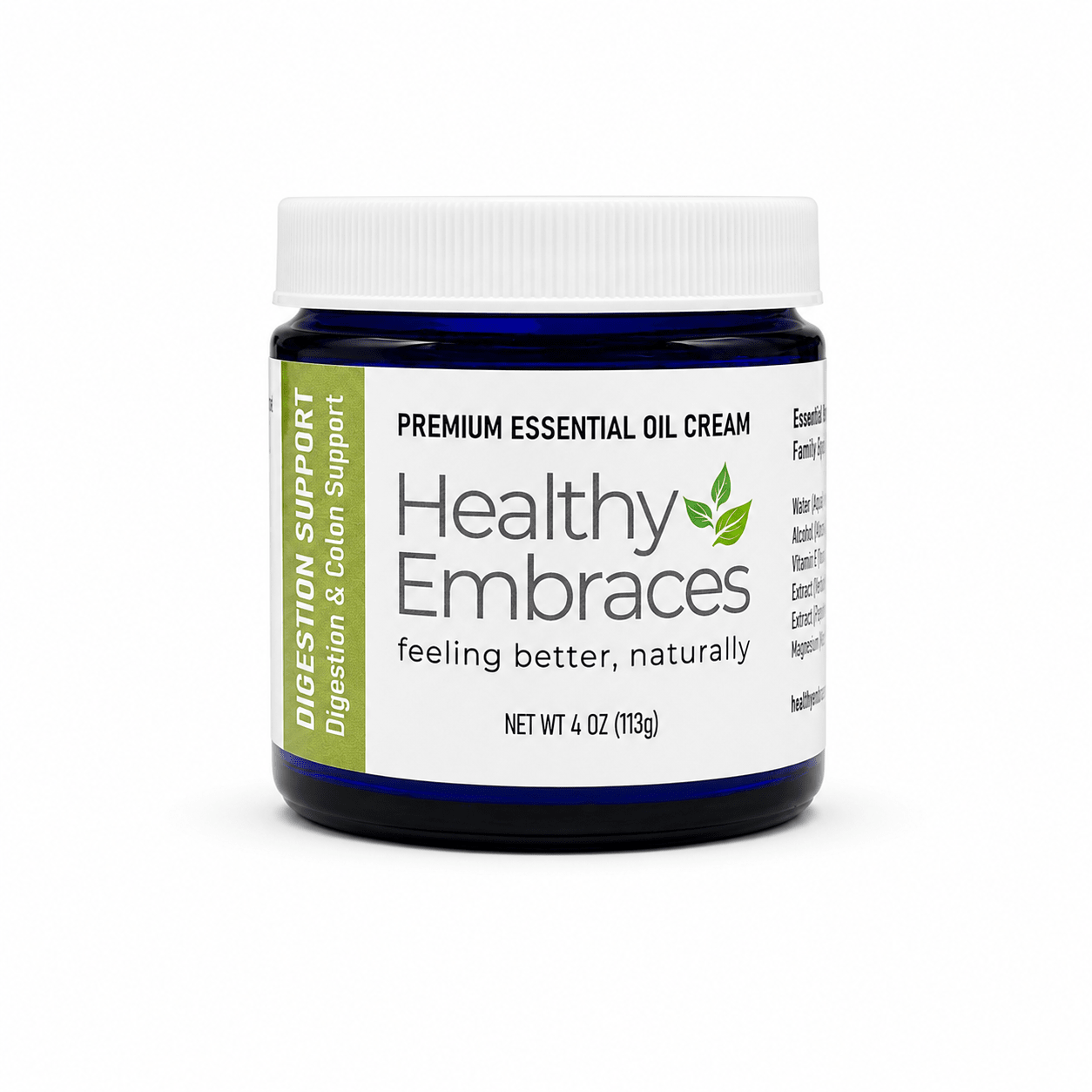 Healthy Embraces digestion support cream in a white jar, showing smooth cream texture and label on the front.