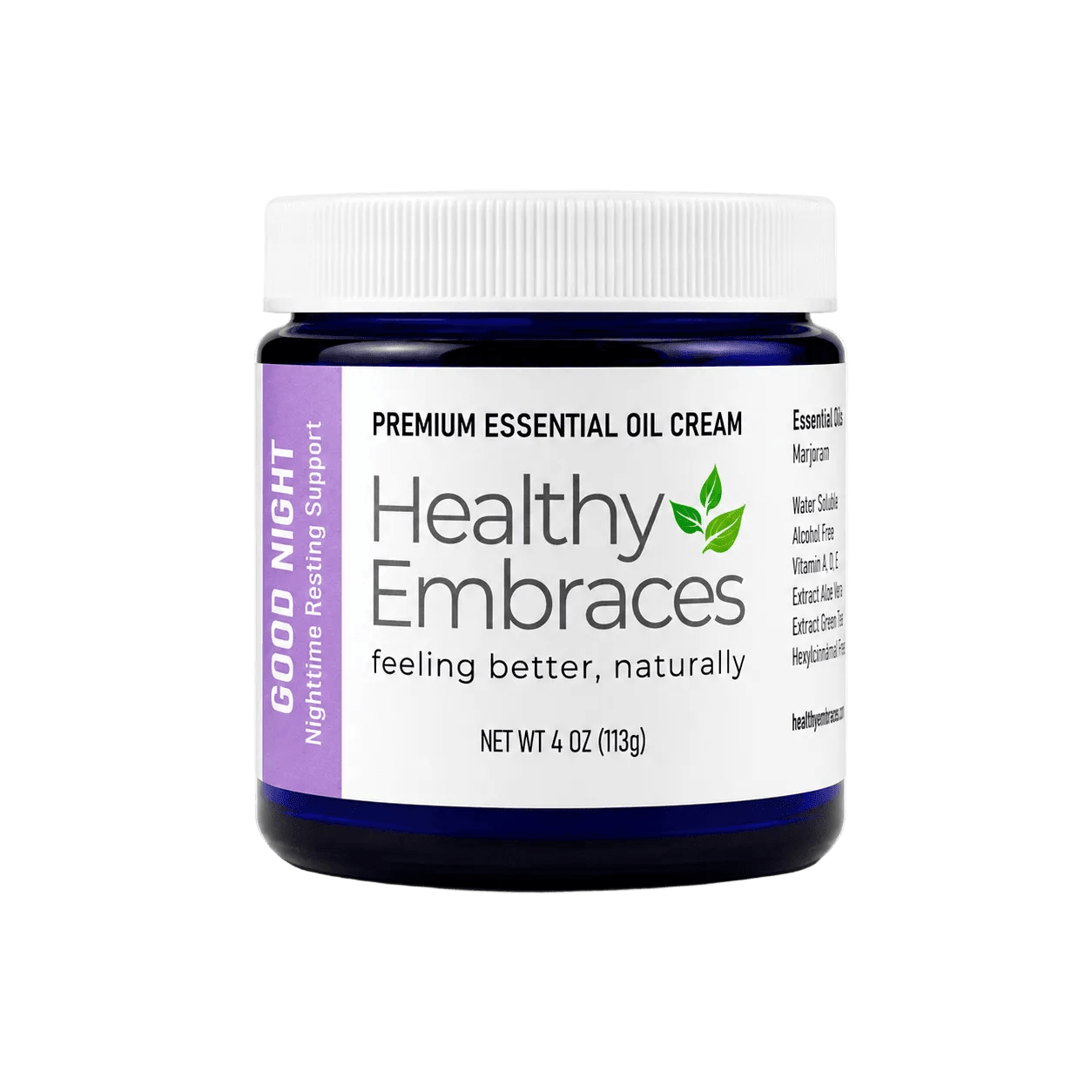Good Night Cream for Peaceful Evenings in a jar promoting restful nights with essential oil blend.