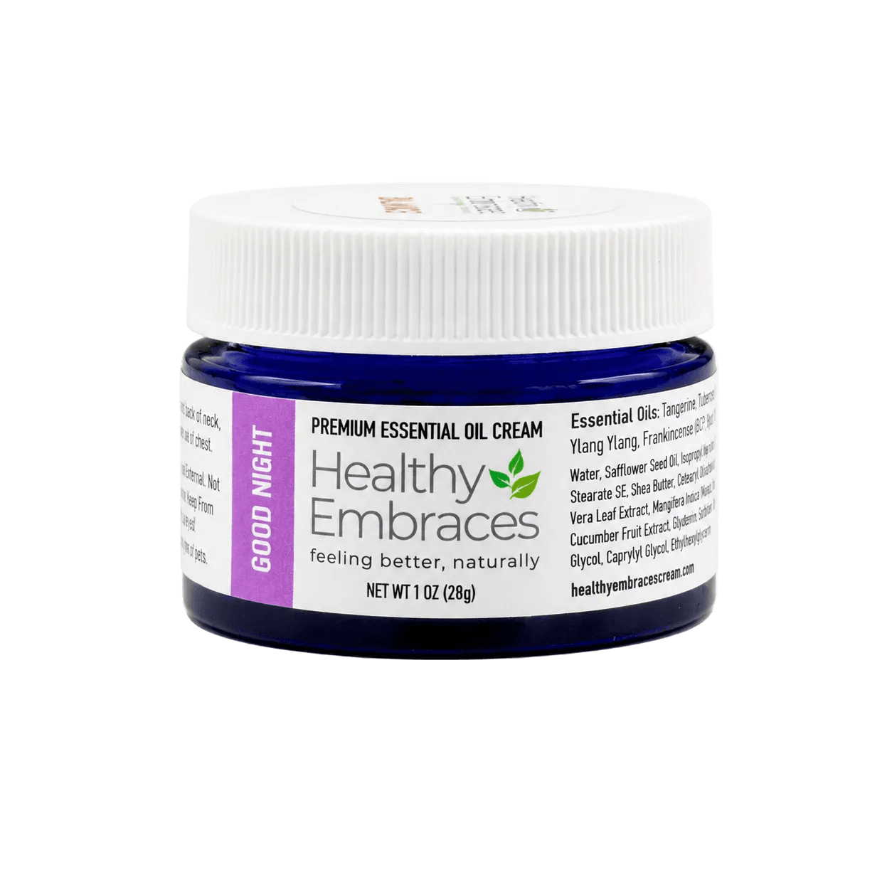 Healthy Embraces Good Night Cream with essential oils in a 1oz jar, promoting restful sleep and relaxation.