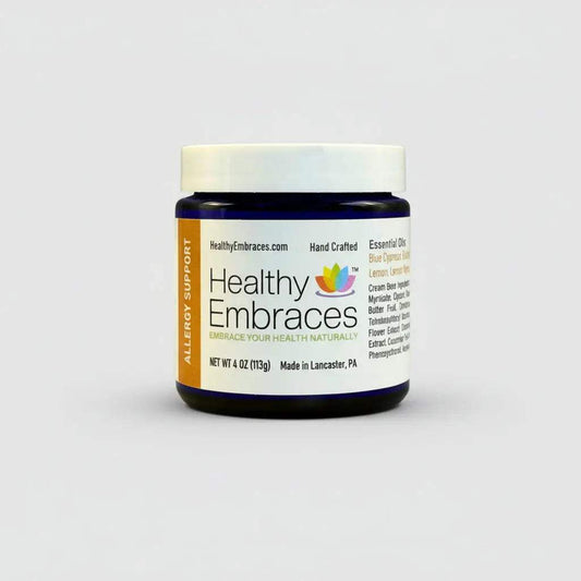 Healthy Embraces allergy support cream in a 4oz jar, featuring a soothing cream for allergy relief and skin comfort.