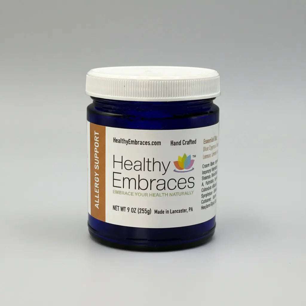 Healthy Embraces Allergy Support Cream in a 4oz jar, showing the cream's smooth texture and label on the container.