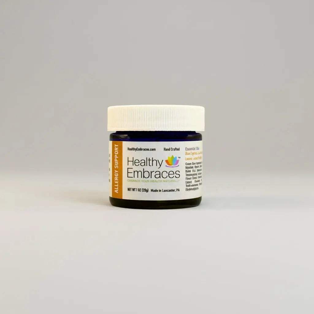 Healthy Embraces Allergy Support Cream in a 4oz jar, showing smooth, soothing cream designed for allergy relief.