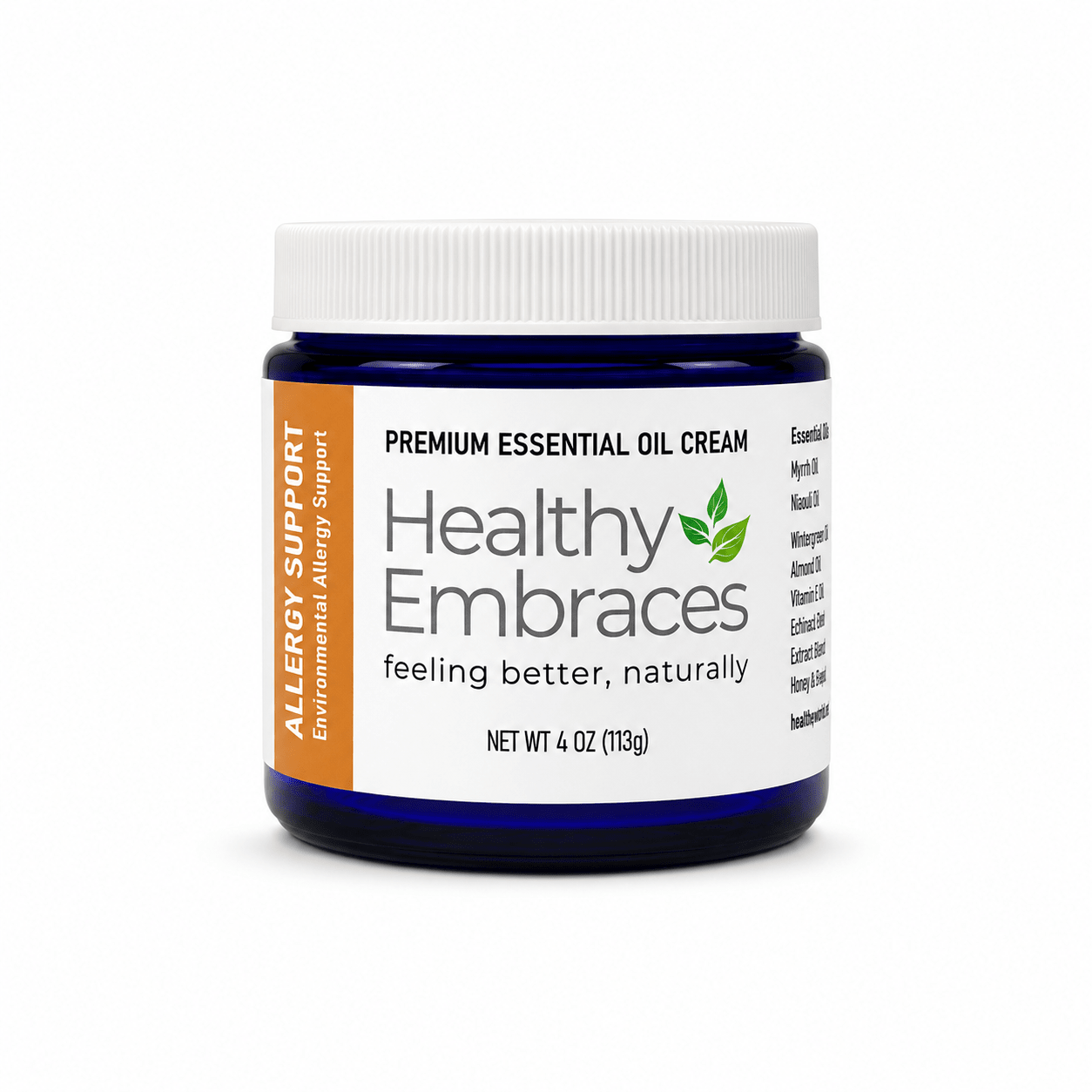 Healthy Embraces Allergy Support Cream in a 4oz jar, showing the creamy texture and label on the container.