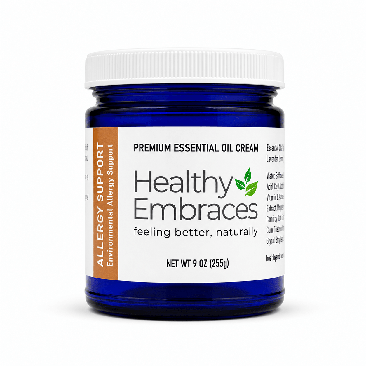 Healthy Embraces Allergy Support Cream in a 4oz jar, featuring a white and green label with the cream inside.