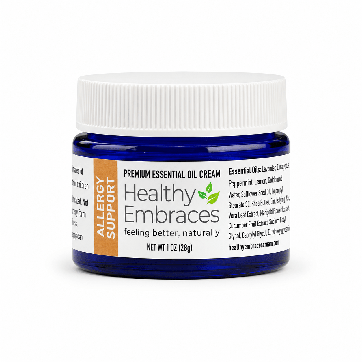 Healthy Embraces Allergy Support Cream in a 4oz jar, creamy texture, designed to soothe allergy-related skin discomfort.