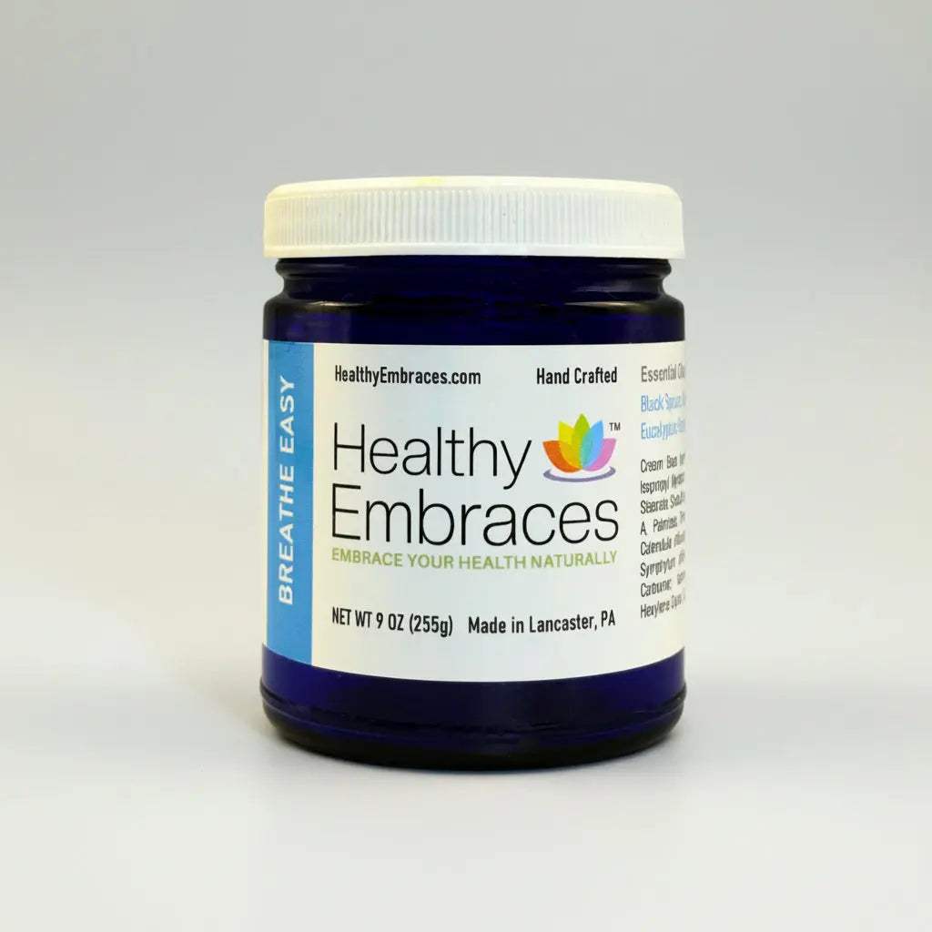 Healthy Embraces Natural Congestion and Breathing Support cream in a 4oz jar, designed to ease nasal congestion and promote clear breathing.