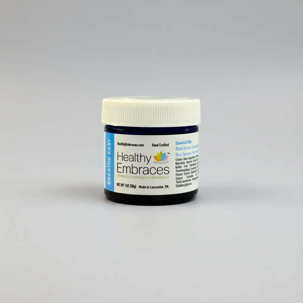 Healthy Embraces Natural Congestion Relief Cream with breathing support, 4oz jar, soothing herbal formula for easier breathing.
