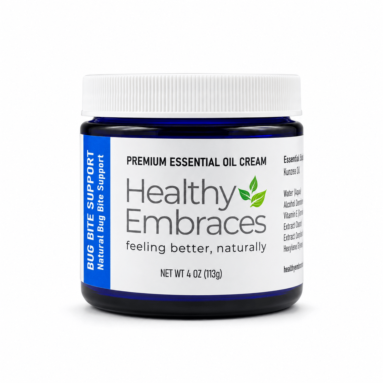 Healthy Embraces Bug Bite Support Cream in a 4oz tube, showing the soothing cream and its packaging.