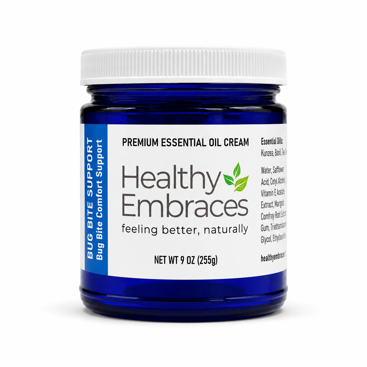 Healthy Embraces Bug Bite Support Cream in a 4oz tube, showing the creamy texture and labeling for soothing insect bite relief.