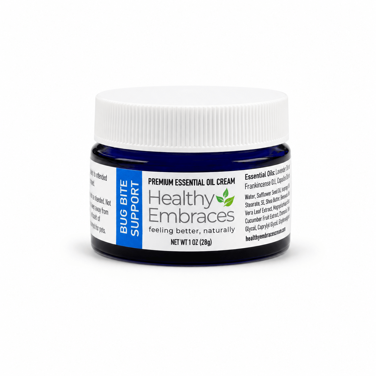 Healthy Embraces Bug Bite Support Cream in a 4oz jar, creamy texture for soothing relief from insect bites.