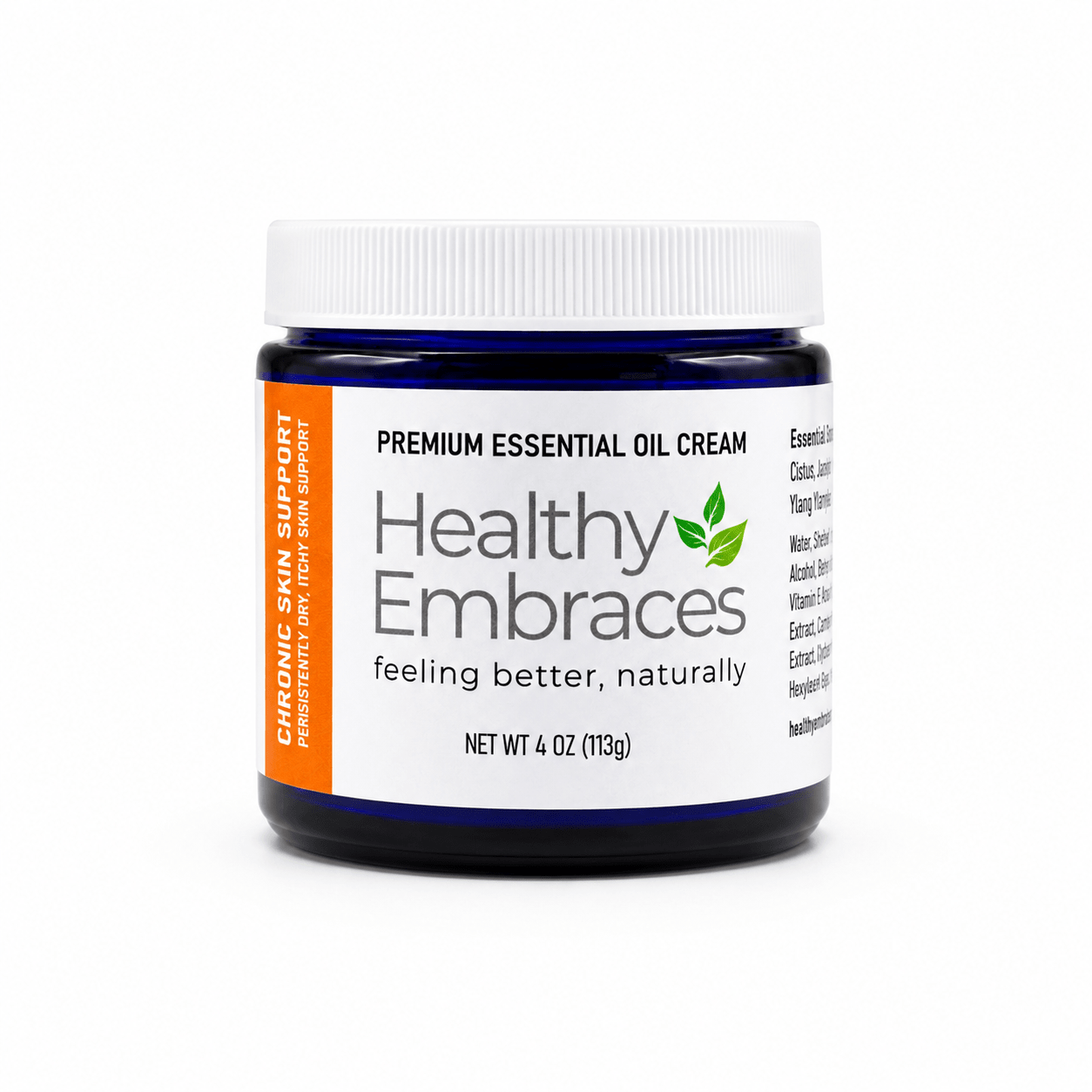 Healthy Embraces Chronic Skin Support Cream in a 4oz jar, featuring a smooth cream texture for skin relief and nourishment.