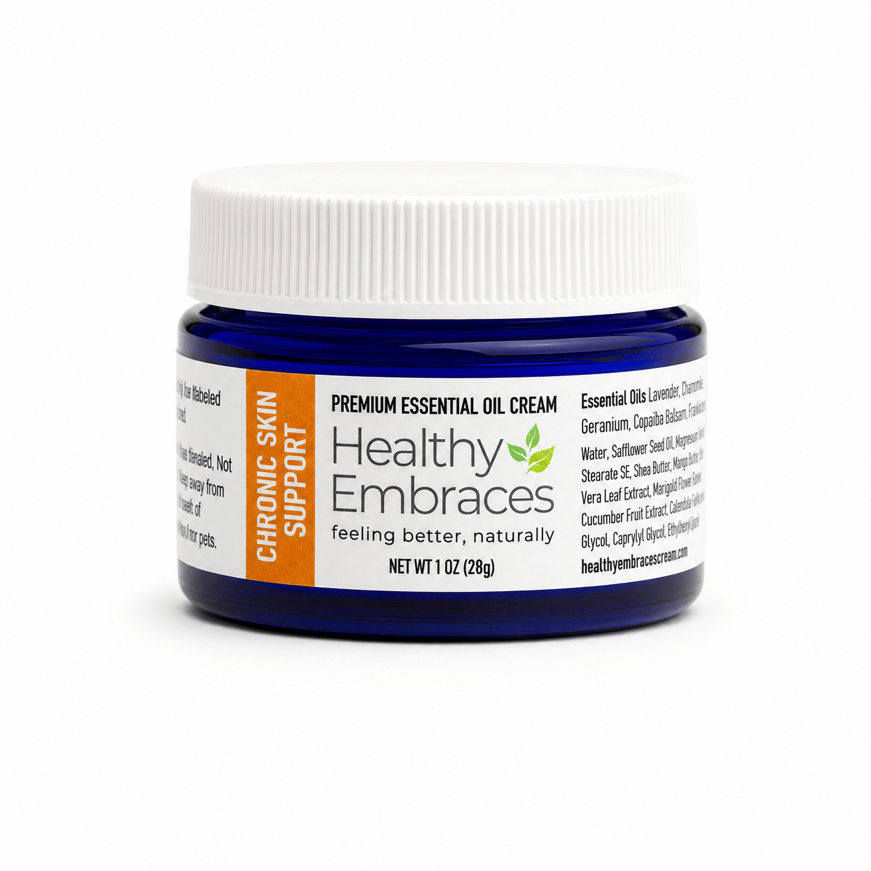 Healthy Embraces Chronic Skin Support Cream in a 4oz jar, showing the white cream inside and the product label.