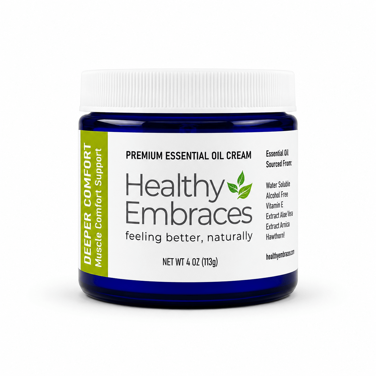 Healthy Embraces Deeper Comfort Cream in a 4oz jar, smooth cream with a soothing texture for skin comfort.