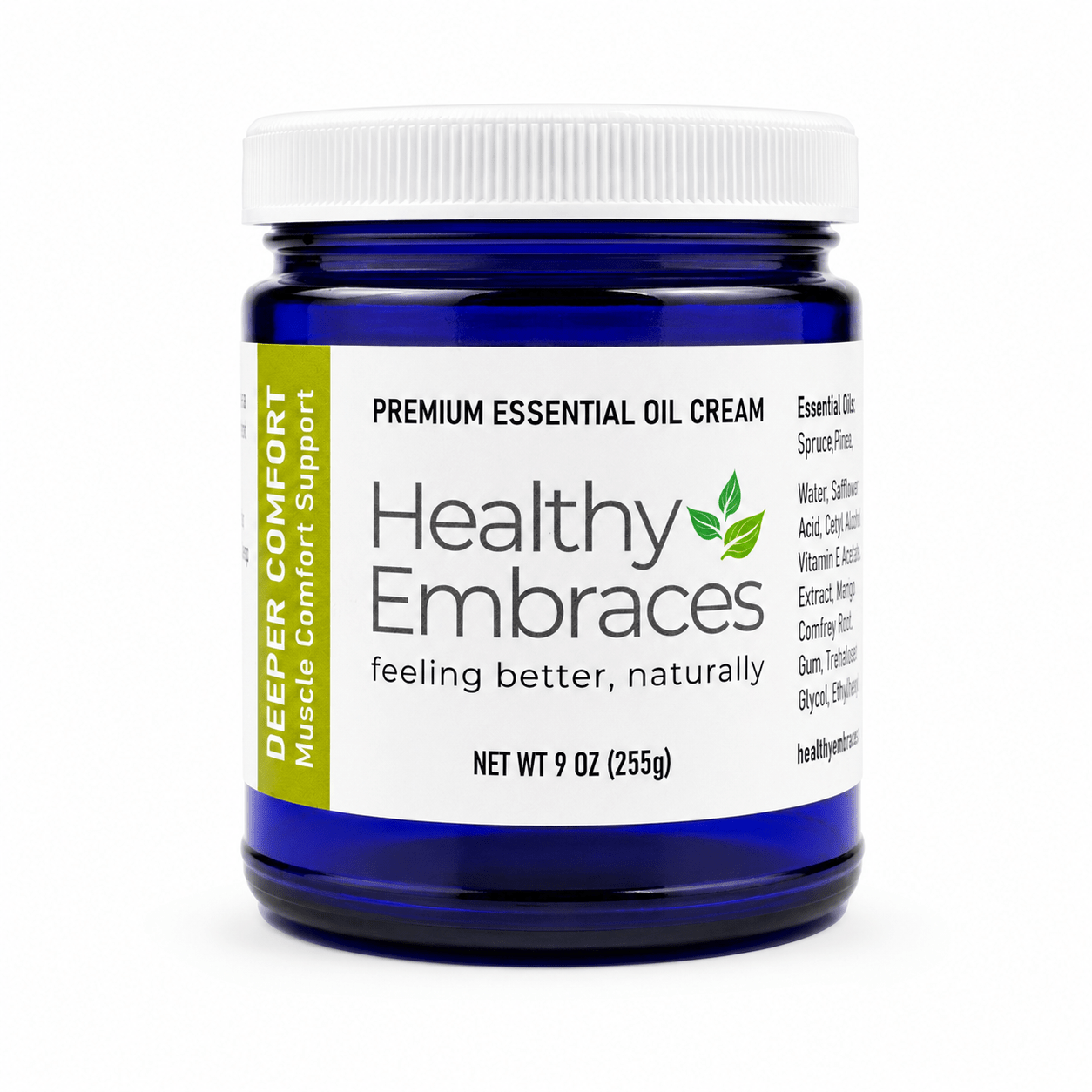 Healthy Embraces Deeper Comfort Cream in a 4oz jar, smooth cream with a calming, soothing texture for skin comfort.
