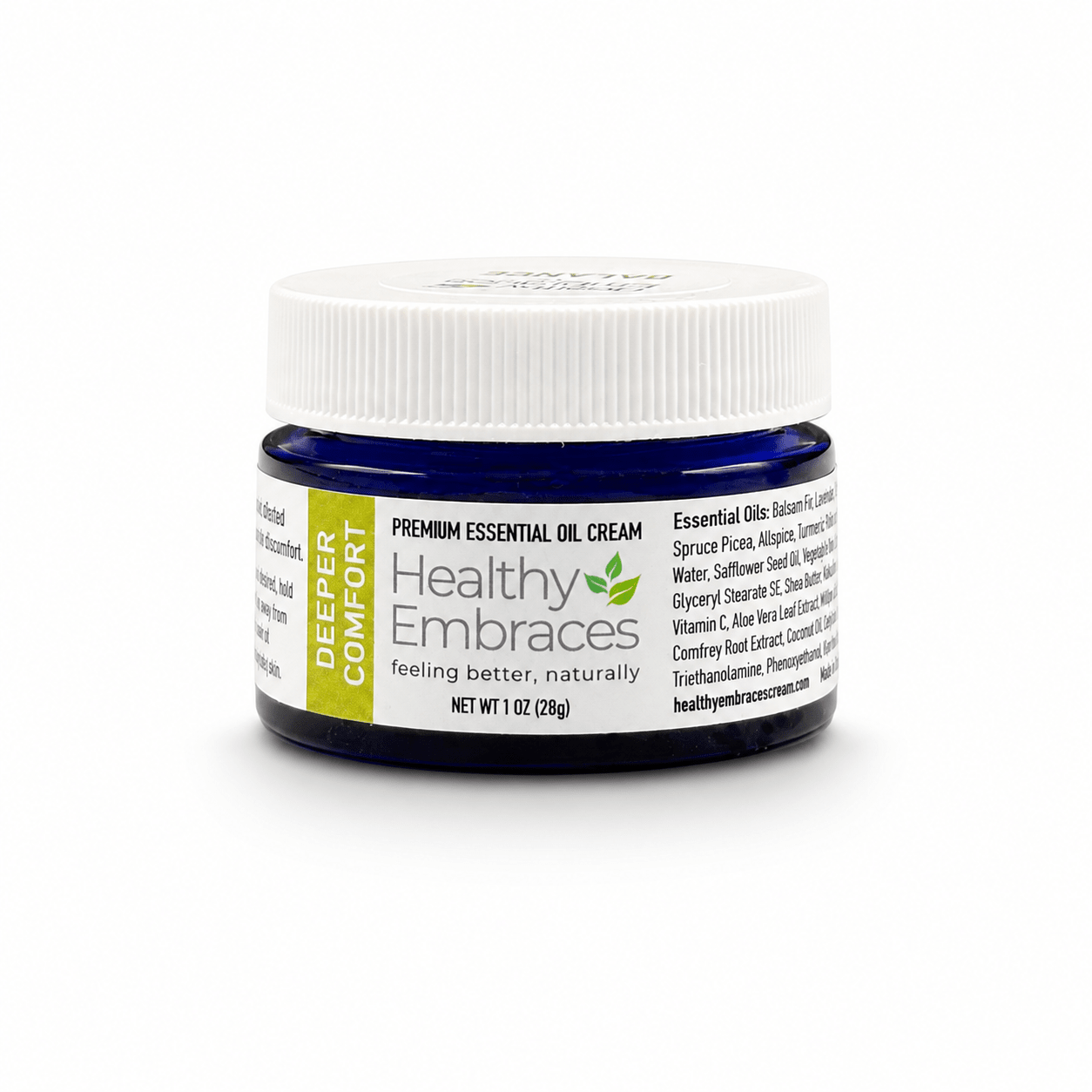 Healthy Embraces Deeper Comfort Cream in a 4oz jar, smooth cream texture for skin soothing and hydration