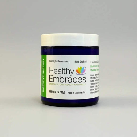 Healthy Embraces Digestive Support Cream in a 4oz tube, showing the skincare product with a clean, simple packaging design.