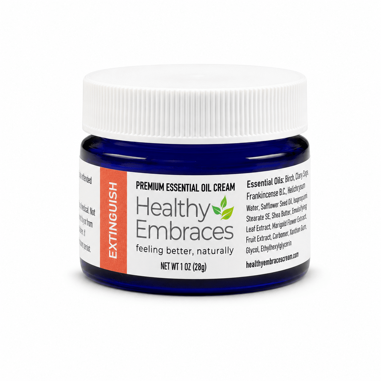 Healthy Embraces Extinguish Cream in a 4oz jar, creamy skincare product with a smooth texture and white color.