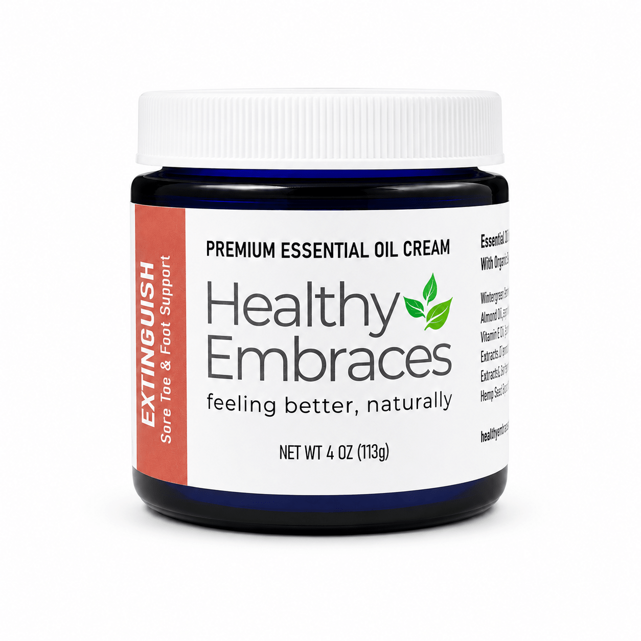 Healthy Embraces Extinguish Cream in a 4oz jar, creamy skincare product with a smooth texture and white color.