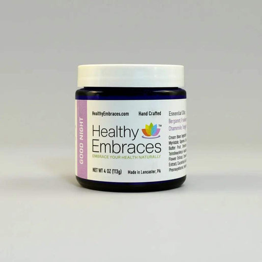 Healthy Embraces Good Night Cream in a 4oz jar, creamy skincare product with a smooth texture for nighttime use.