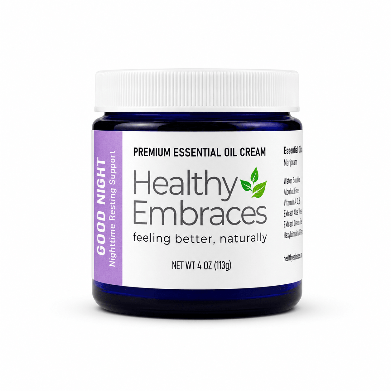 Healthy Embraces Good Night Cream in a 4oz jar, creamy skincare product for overnight hydration and skin nourishment.
