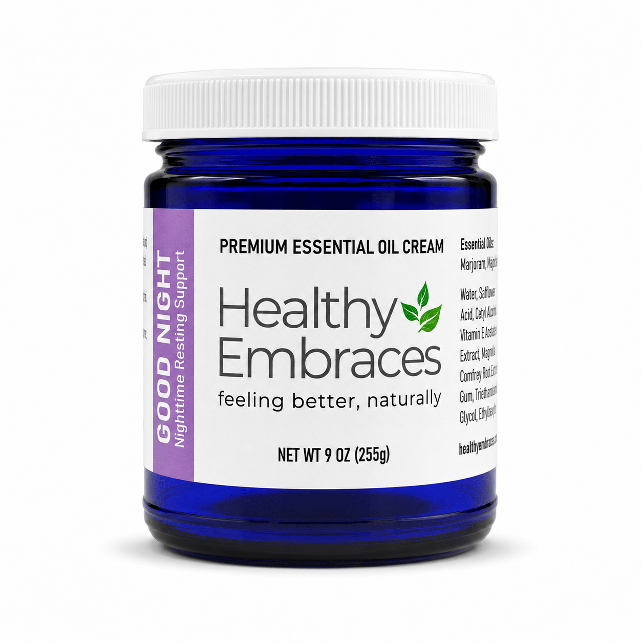 Healthy Embraces Good Night Cream in a 4oz jar, smooth cream with a calming, nourishing texture for nighttime skin care.