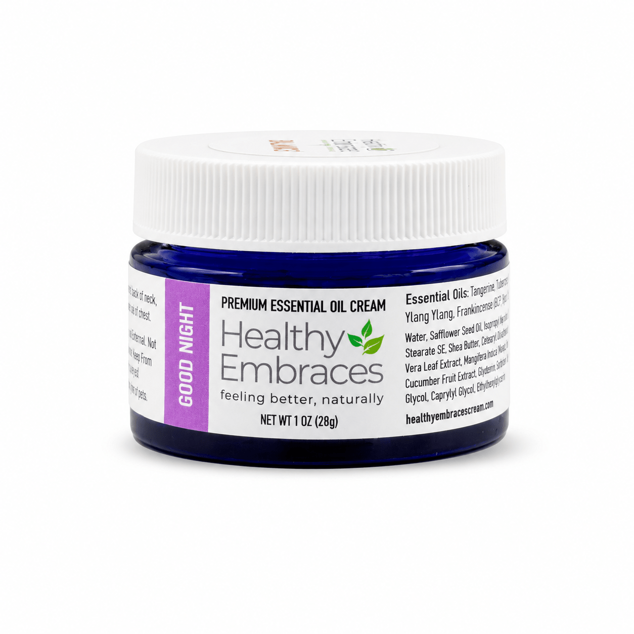 Healthy Embraces Good Night Cream in a 4oz jar, creamy texture with a soothing appearance, ideal for nighttime skincare.