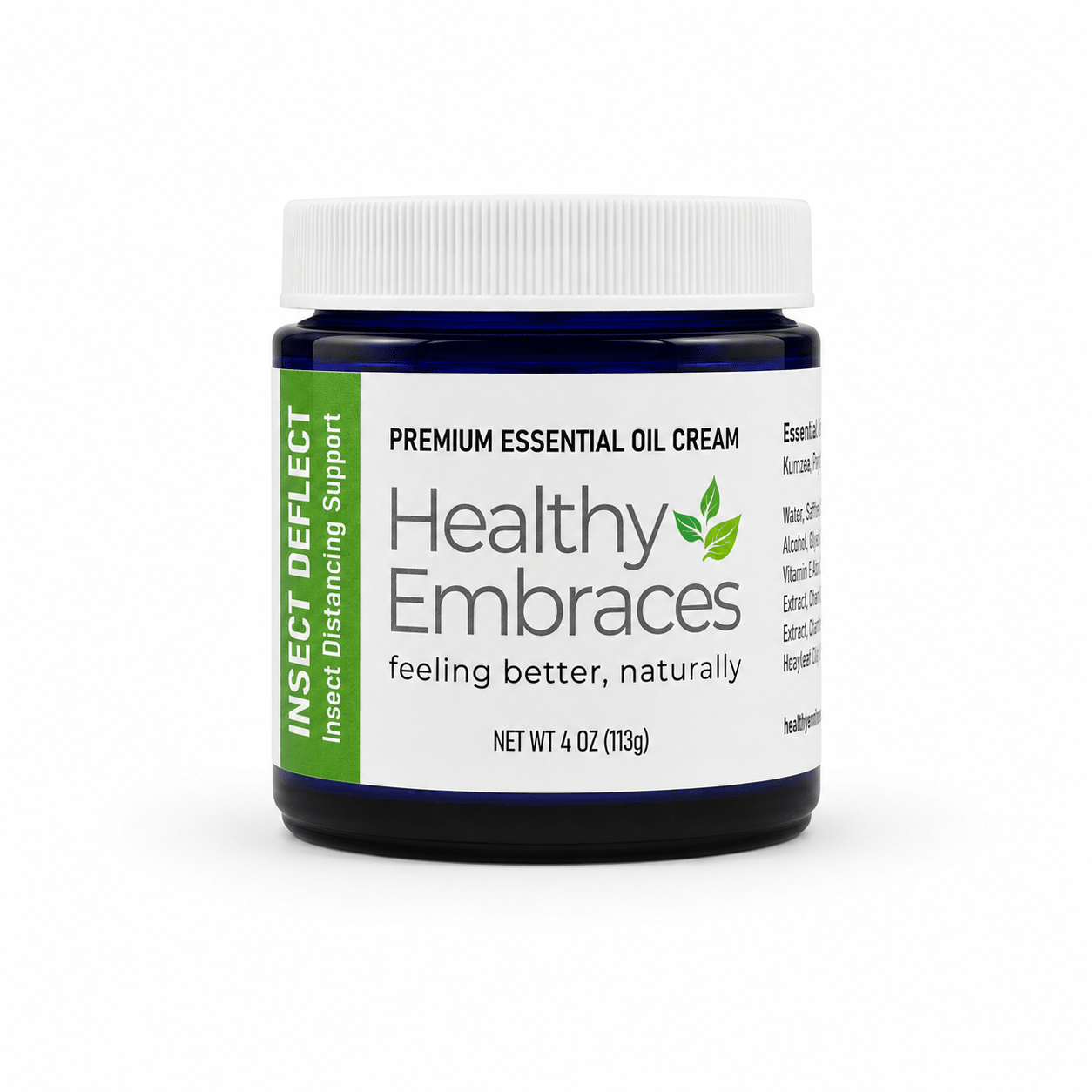 Healthy Embraces Insect Deflect Cream in a 4oz jar, creamy formula designed to repel insects naturally.