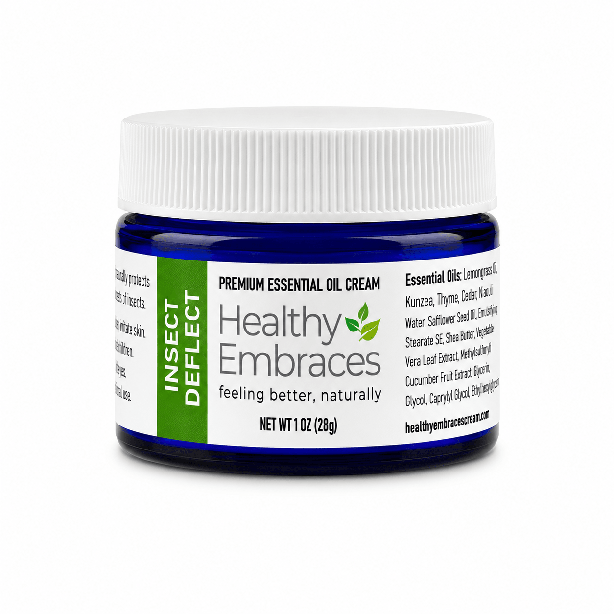 Healthy Embraces Insect Deflect Cream in a 4oz jar, creamy lotion designed to repel insects naturally.